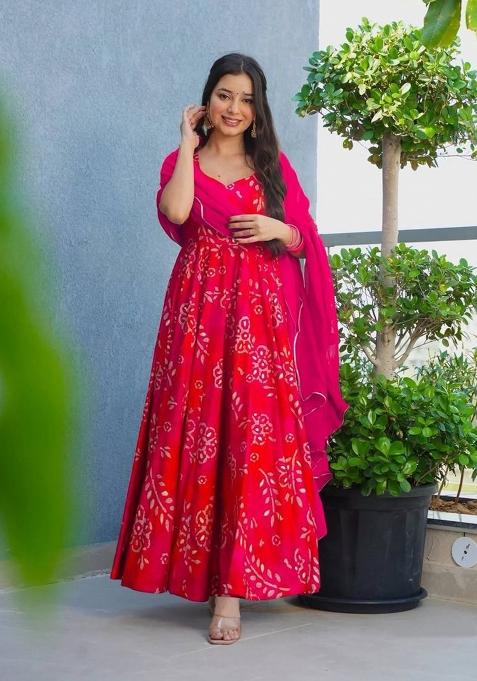 Pink Printed Georgette Gown With Dupatta