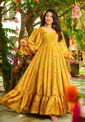 Yellow Printed Chinon Gown