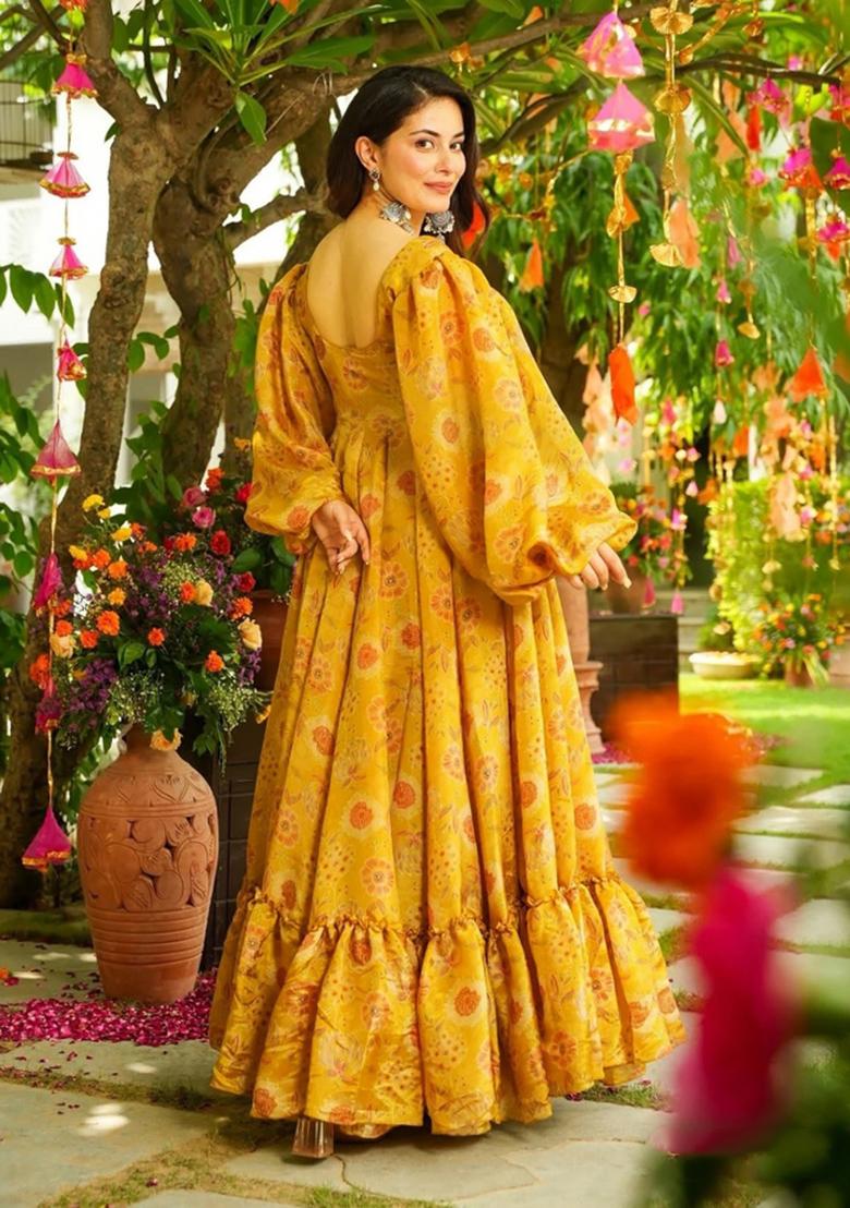 Yellow Printed Chinon Gown - Indya