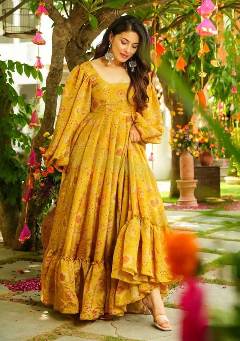 Yellow Printed Chinon Gown for Diwali and Festive Wear - Indya