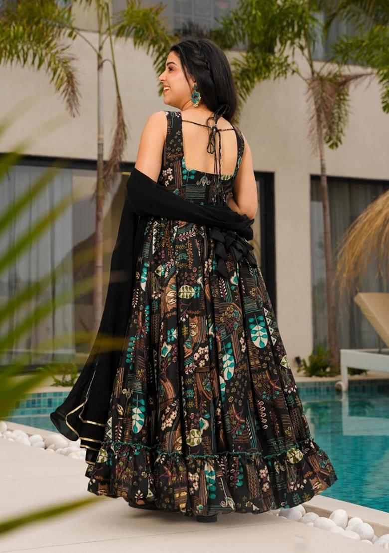 Black Printed Chinon Gown With Dupatta - Indya