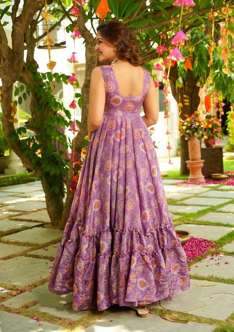 Purple Printed Chinon Gown - Indya