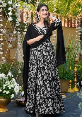 Black Printed Chinon Gown With Dupatta