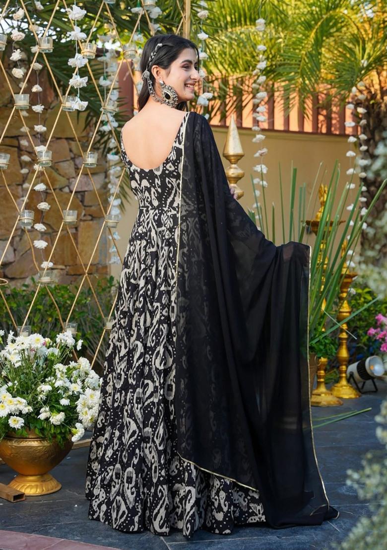 Black Printed Chinon Gown With Dupatta - Indya