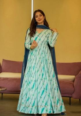 Rama Printed Chinon Gown With Dupatta