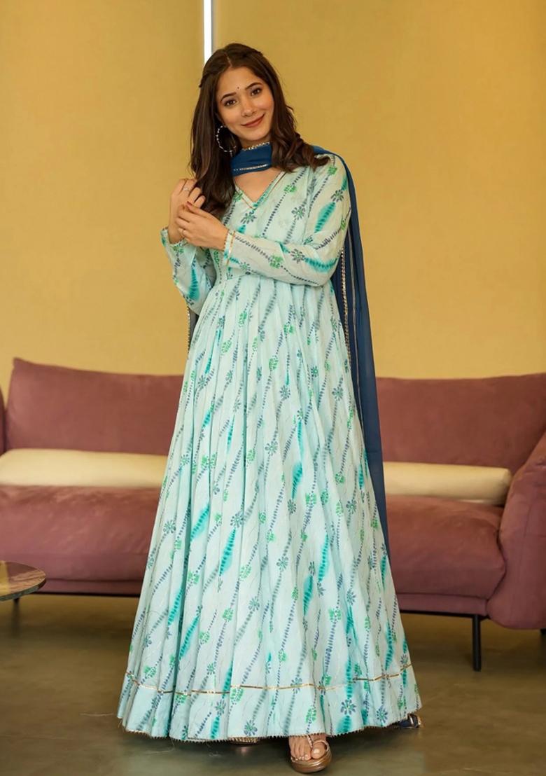 Rama Printed Chinon Gown With Dupatta - Indya