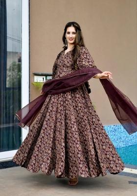 Wine Printed Chinon Gown With Dupatta
