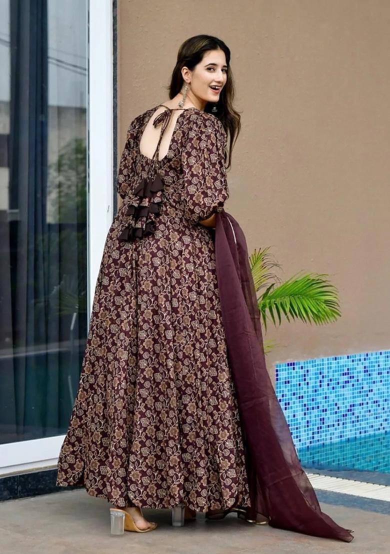 Wine Printed Chinon Gown With Dupatta - Indya