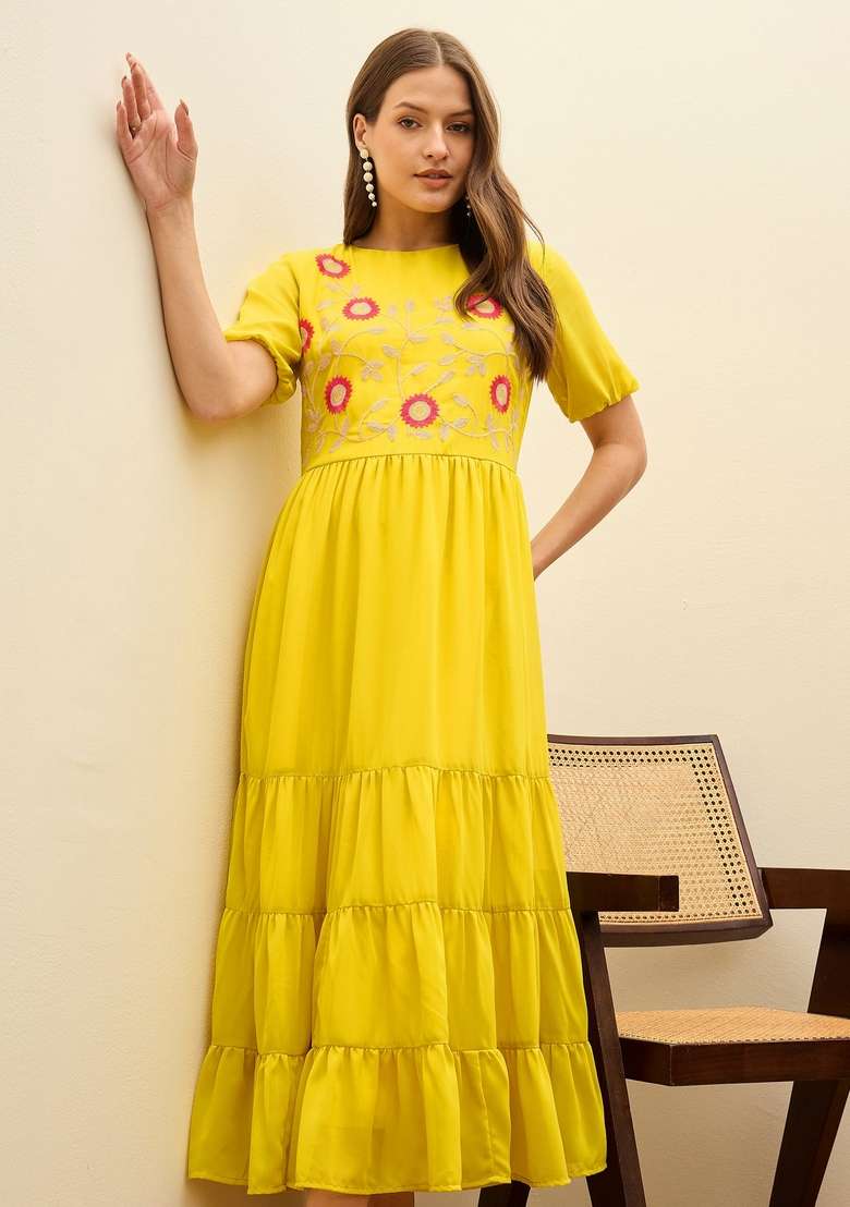 Yellow Embroidered Georgette Dresses - Indya