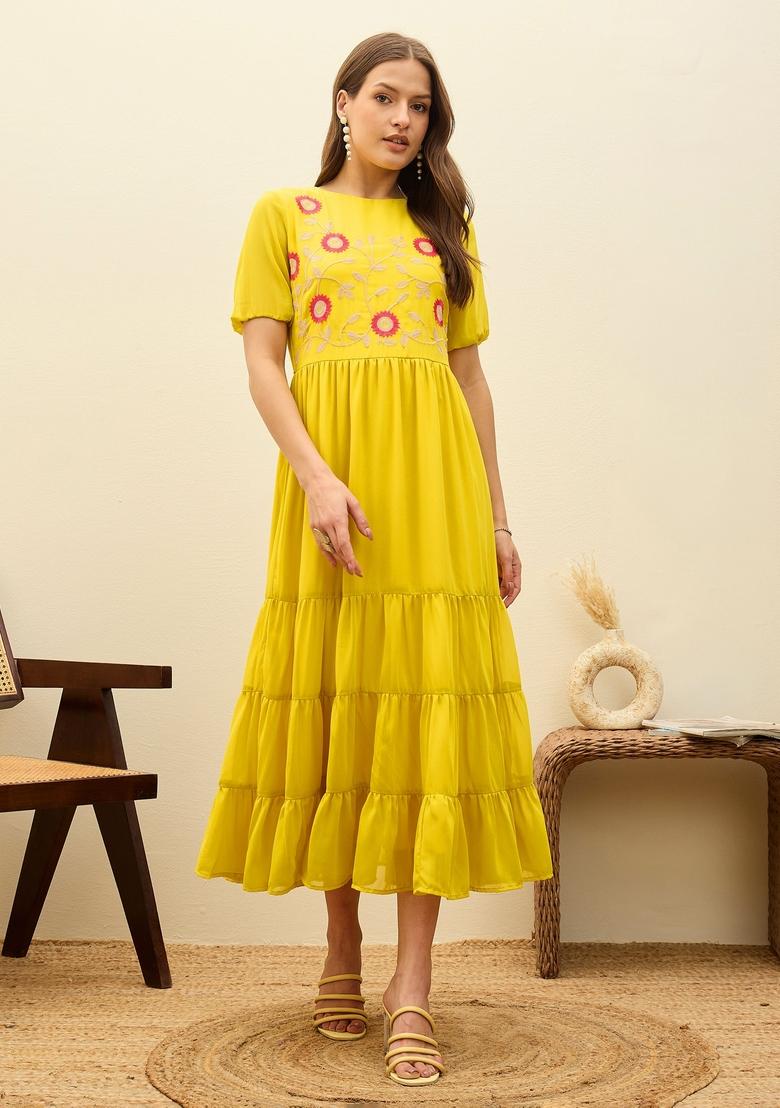 Yellow Embroidered Georgette Dresses