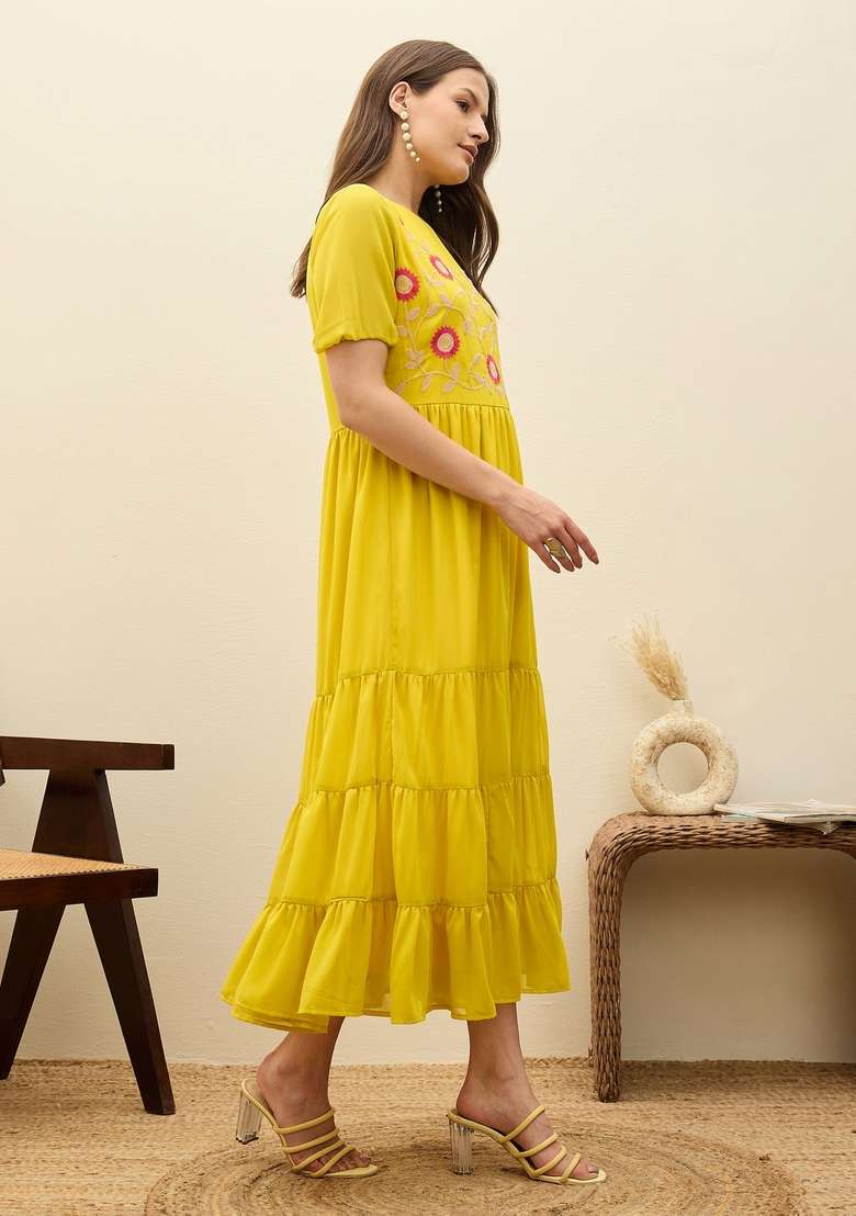 Yellow Embroidered Georgette Dresses - Indya