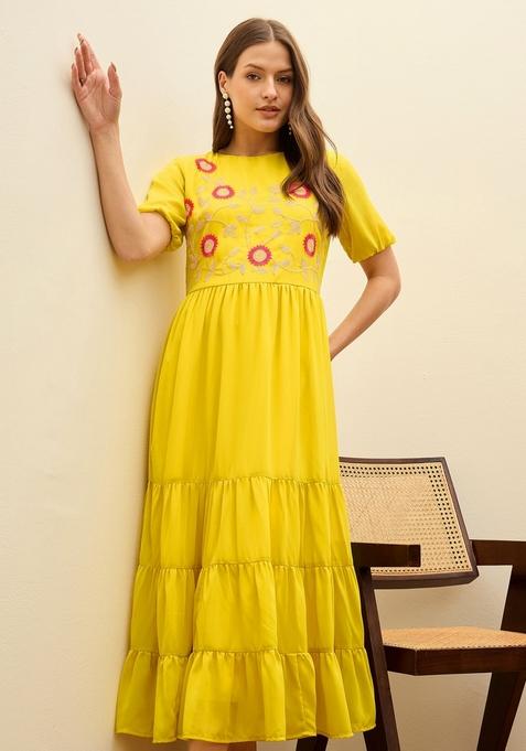 Yellow Embroidered Georgette Dresses