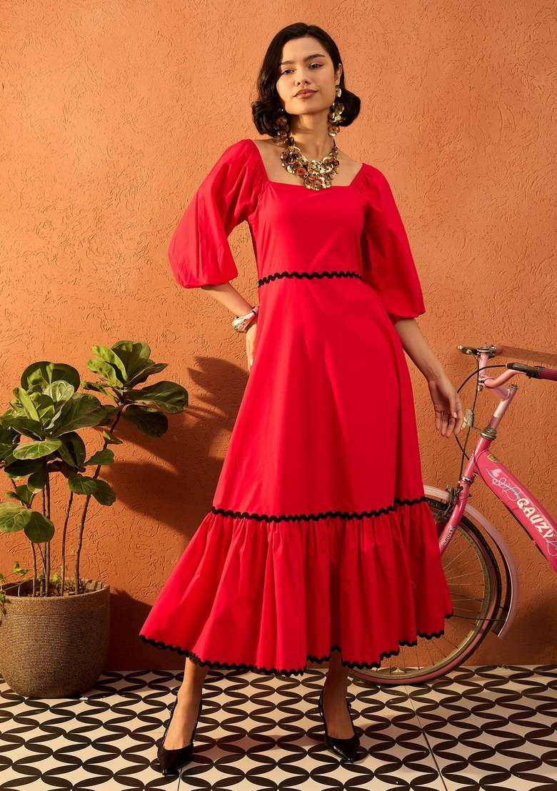 Red Solid Poplin Dresses - Indya
