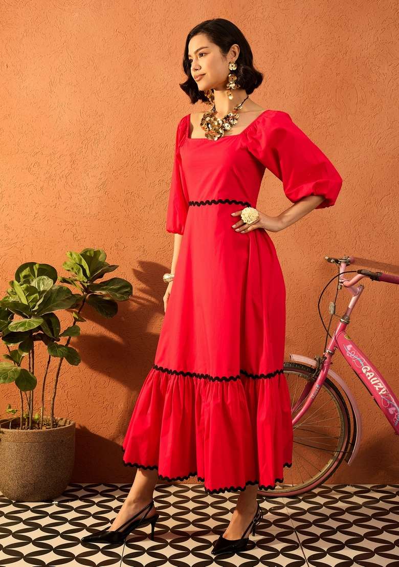 Red Solid Poplin Dresses - Indya