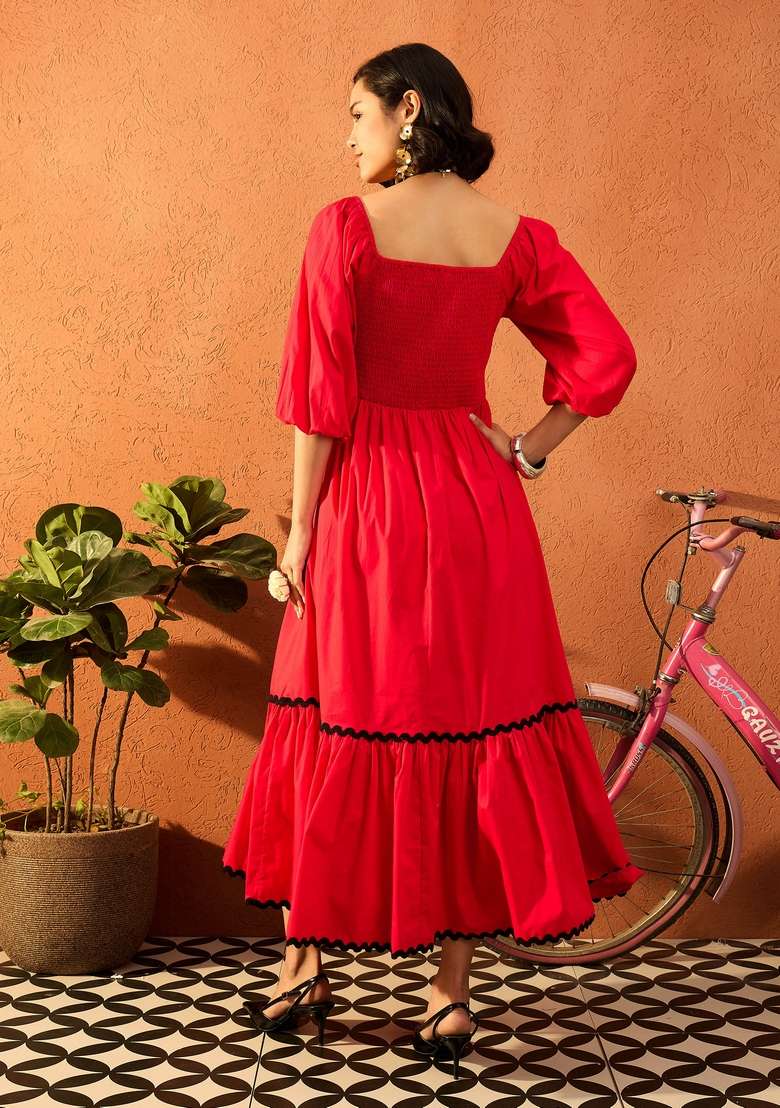 Red Solid Poplin Dresses - Indya