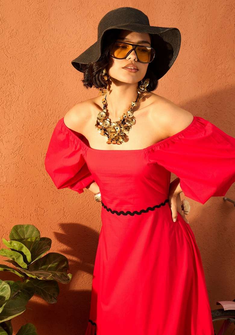 Red Solid Poplin Dresses - Indya