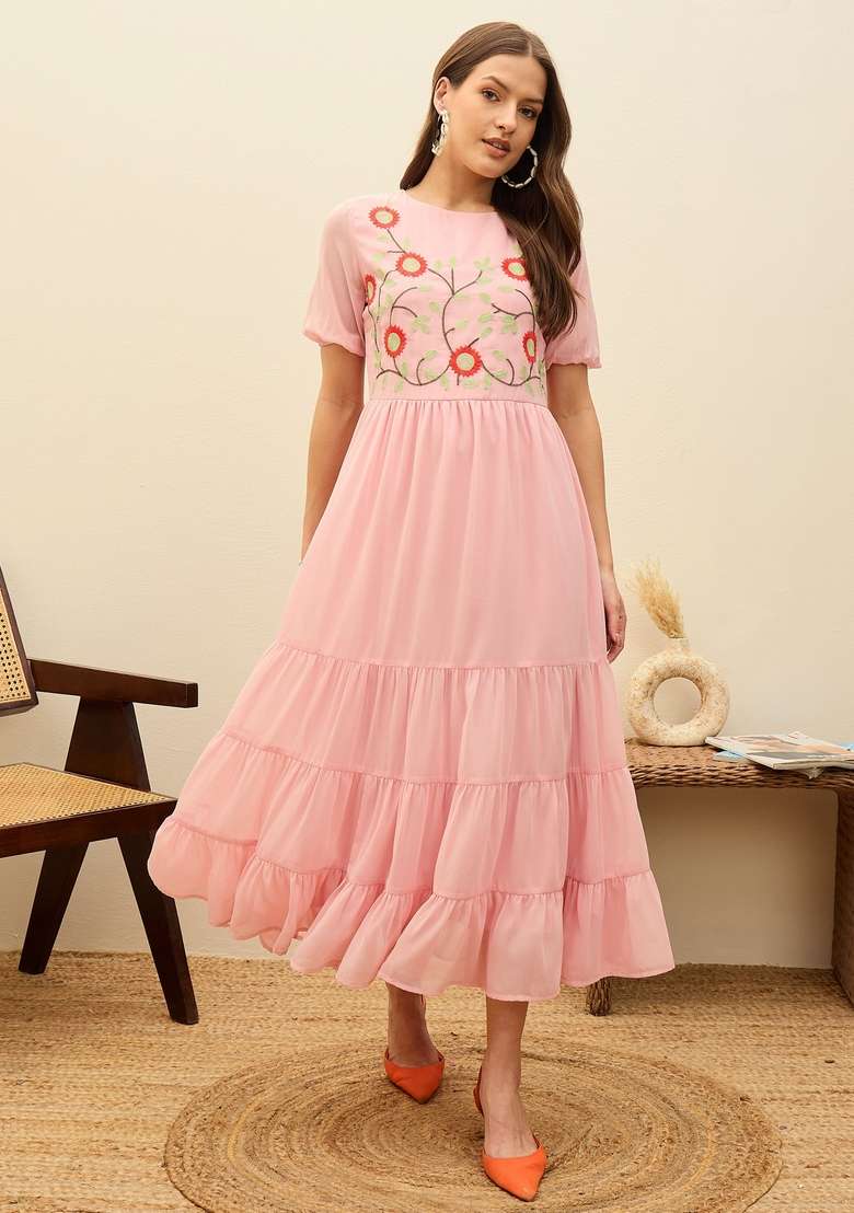 Pink Embroidered Georgette Dresses - Indya