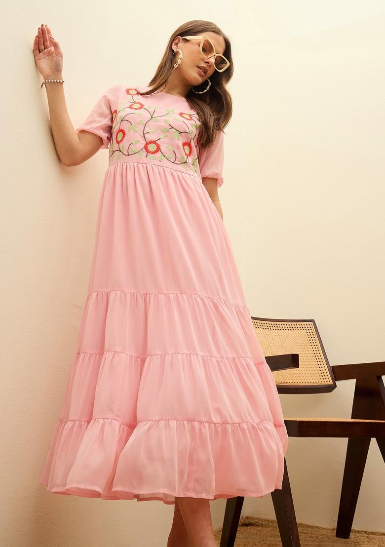 Pink Embroidered Georgette Dresses