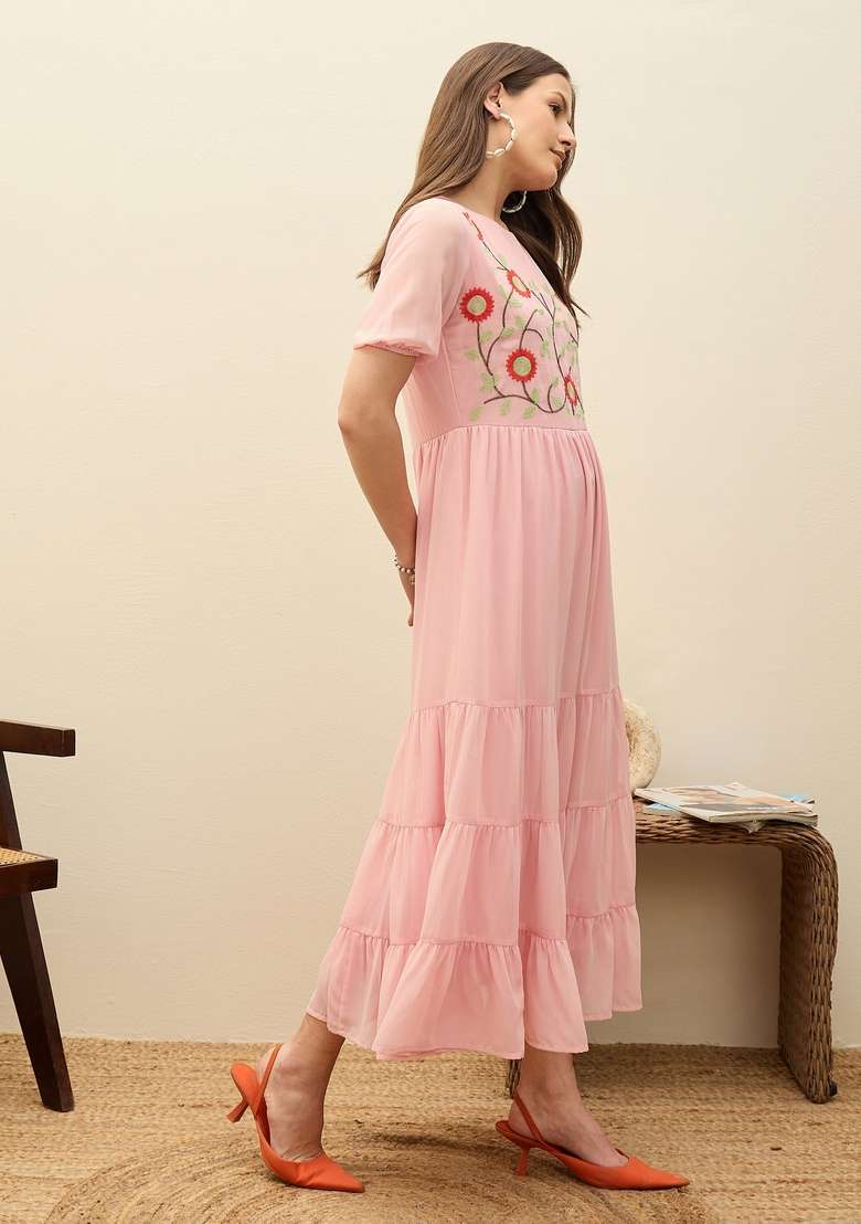 Pink Embroidered Georgette Dresses - Indya