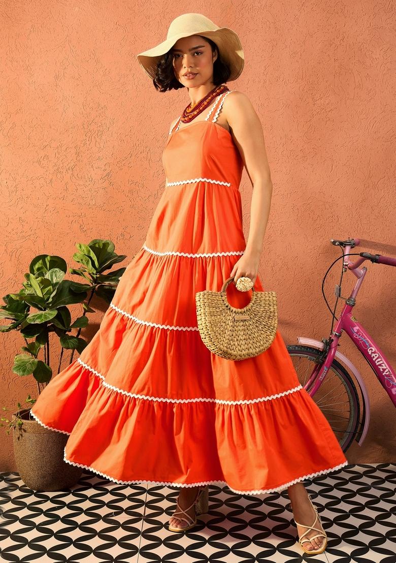 Orange Solid Poplin Dresses