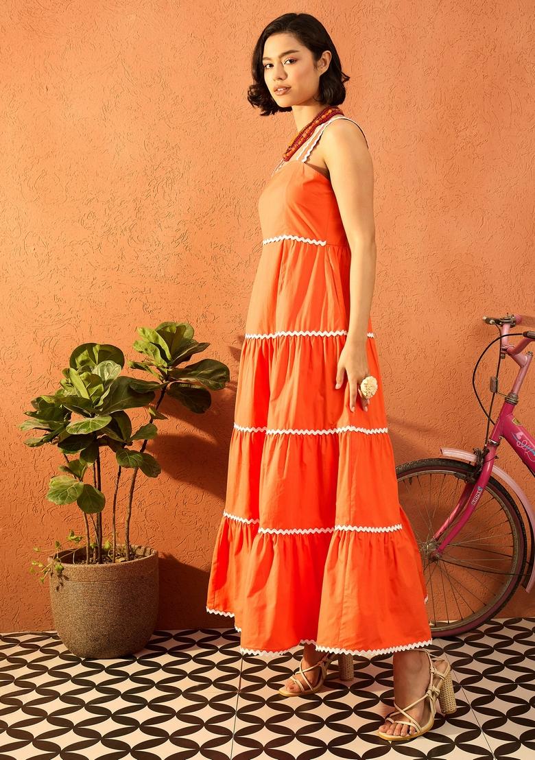 Orange Solid Poplin Dresses
