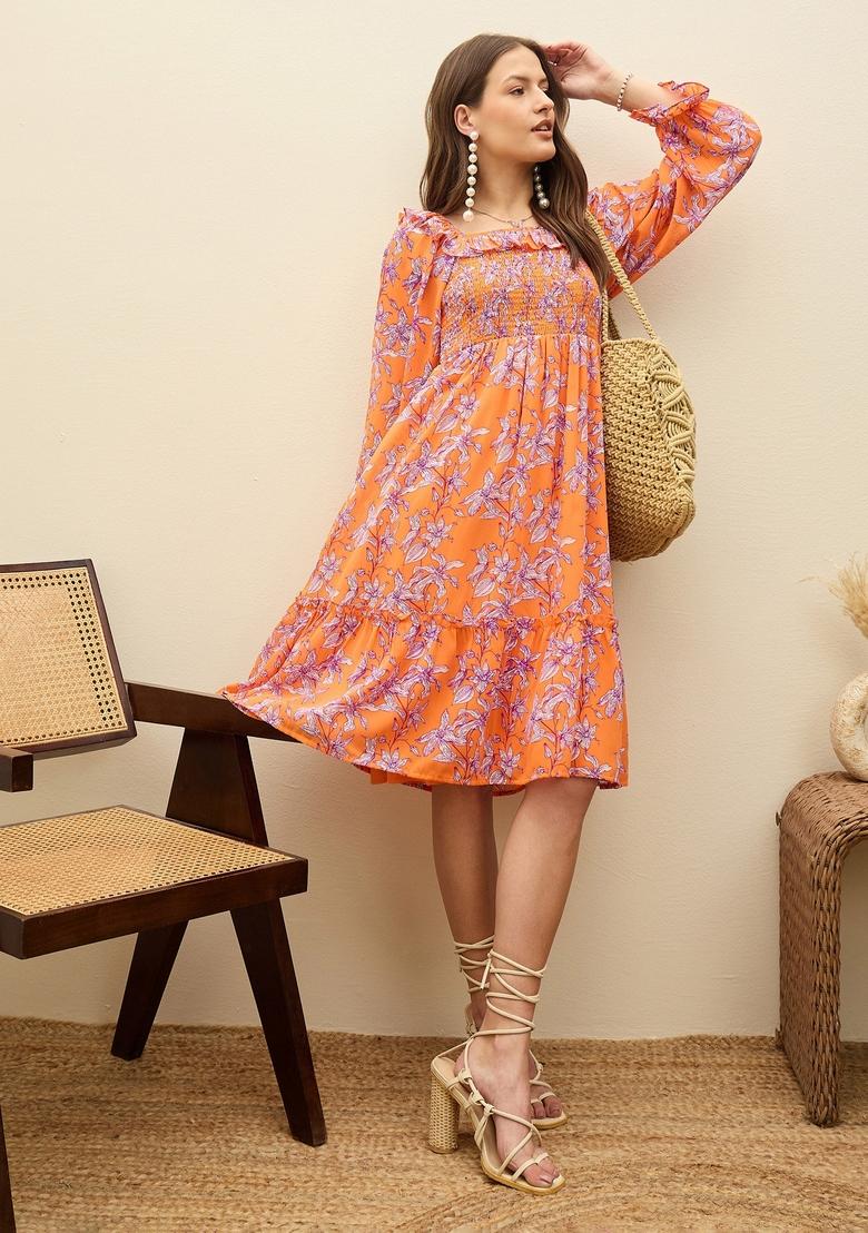 Orange Printed Georgette Dresses