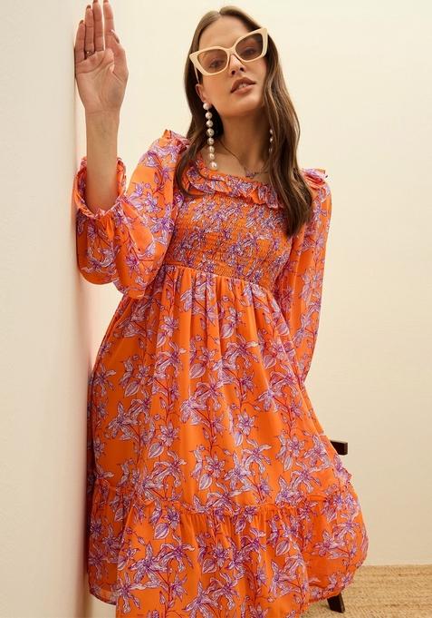 Orange Printed Georgette Dresses