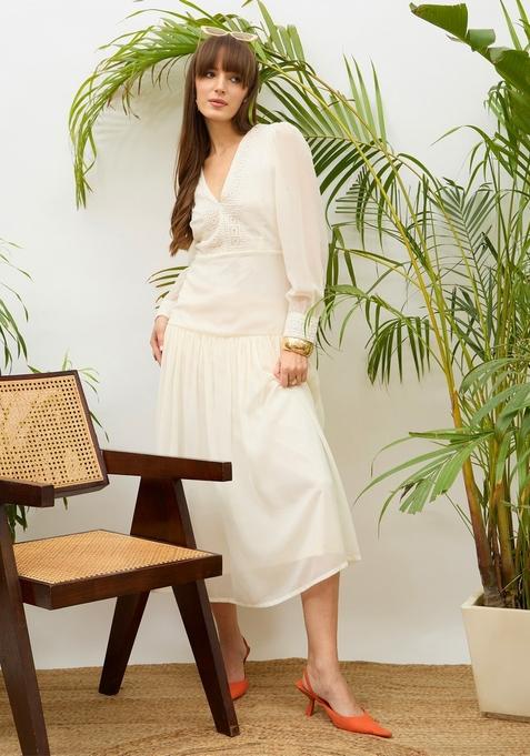 Off White Solid Georgette Dresses