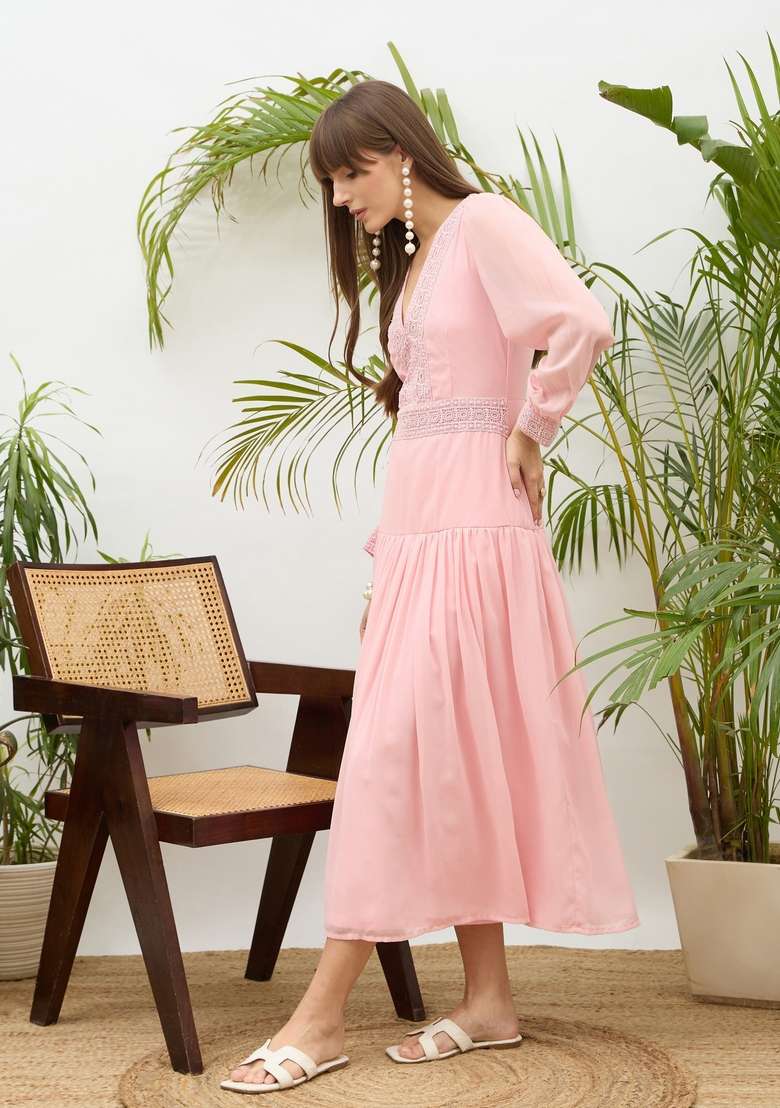 Pink Solid Georgette Dresses - Indya