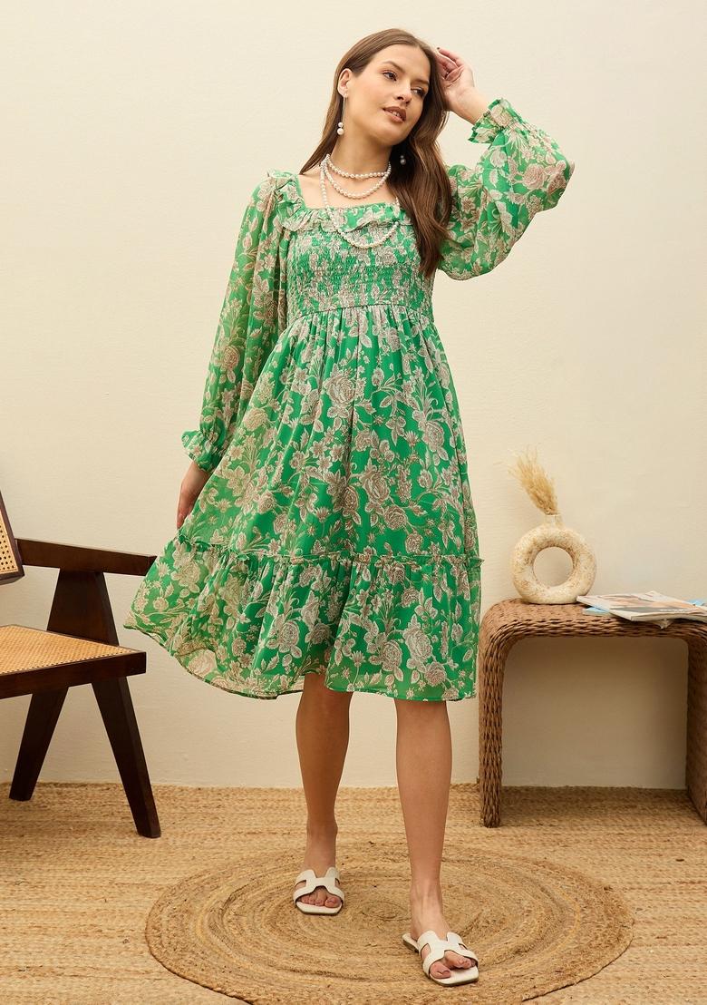 Green Printed Georgette Dresses