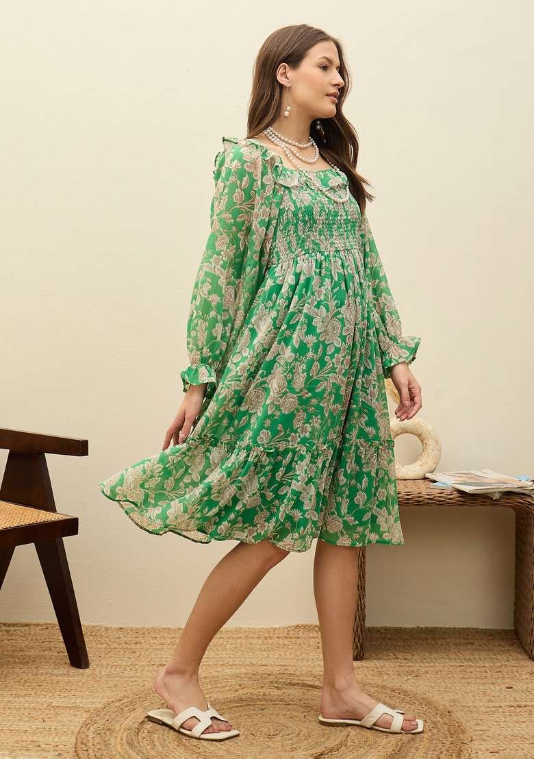Green Printed Georgette Dresses - Indya