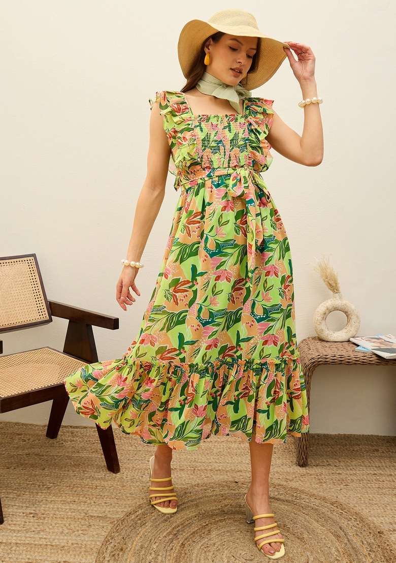 Green Printed Georgette Dresses - Indya
