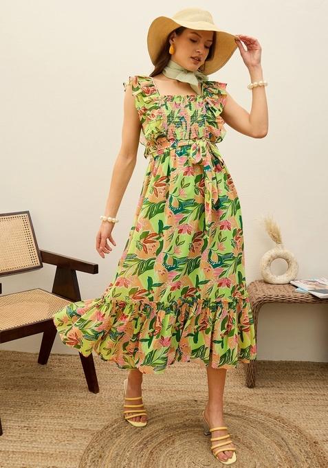 Green Printed Georgette Dresses