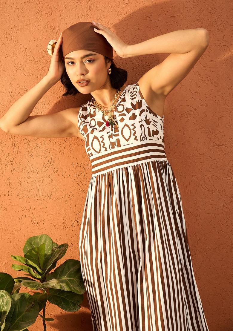 Brown Printed Poplin Dresses