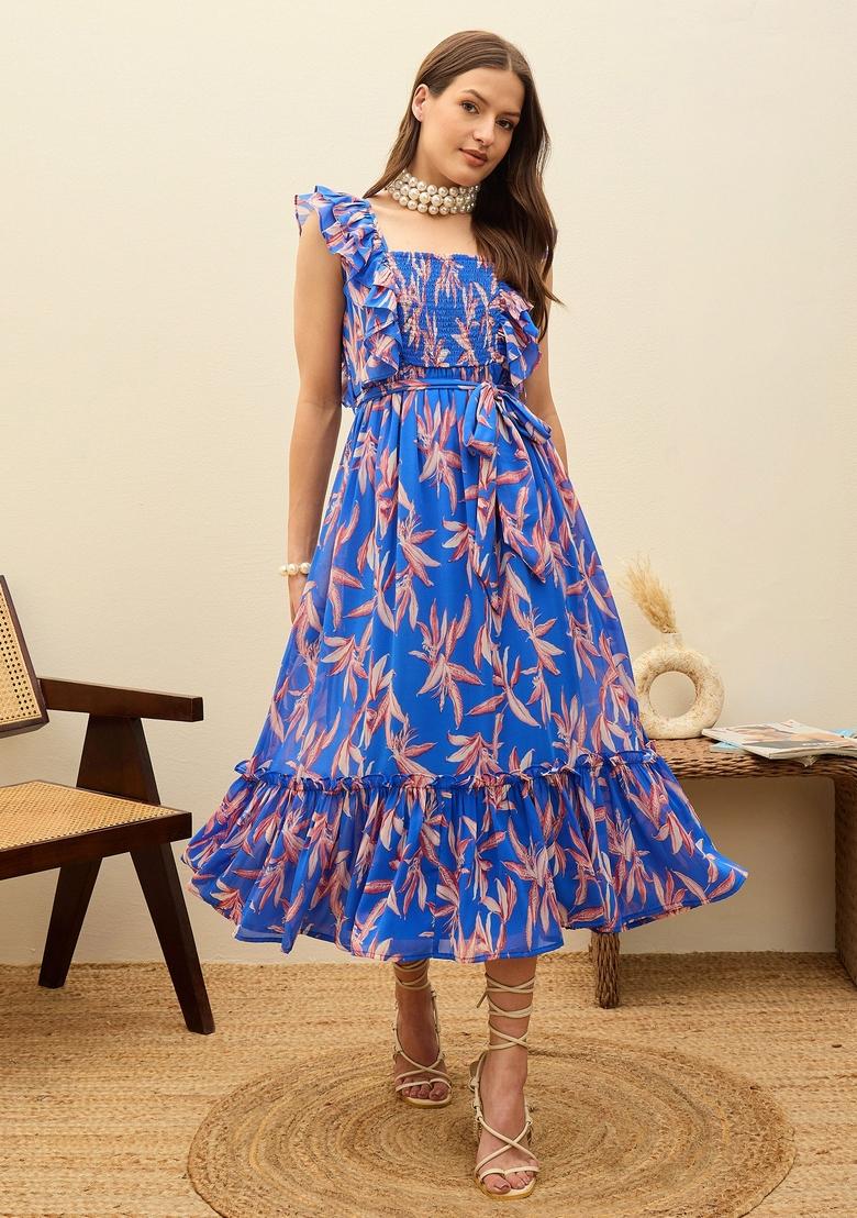 Blue Printed Georgette Dresses