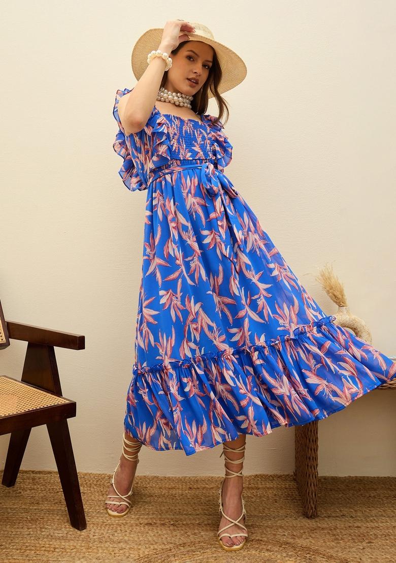 Blue Printed Georgette Dresses