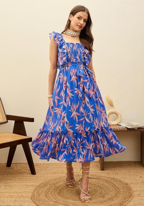 Blue Printed Georgette Dresses