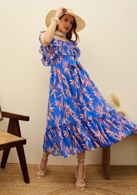 Blue Printed Georgette Dresses
