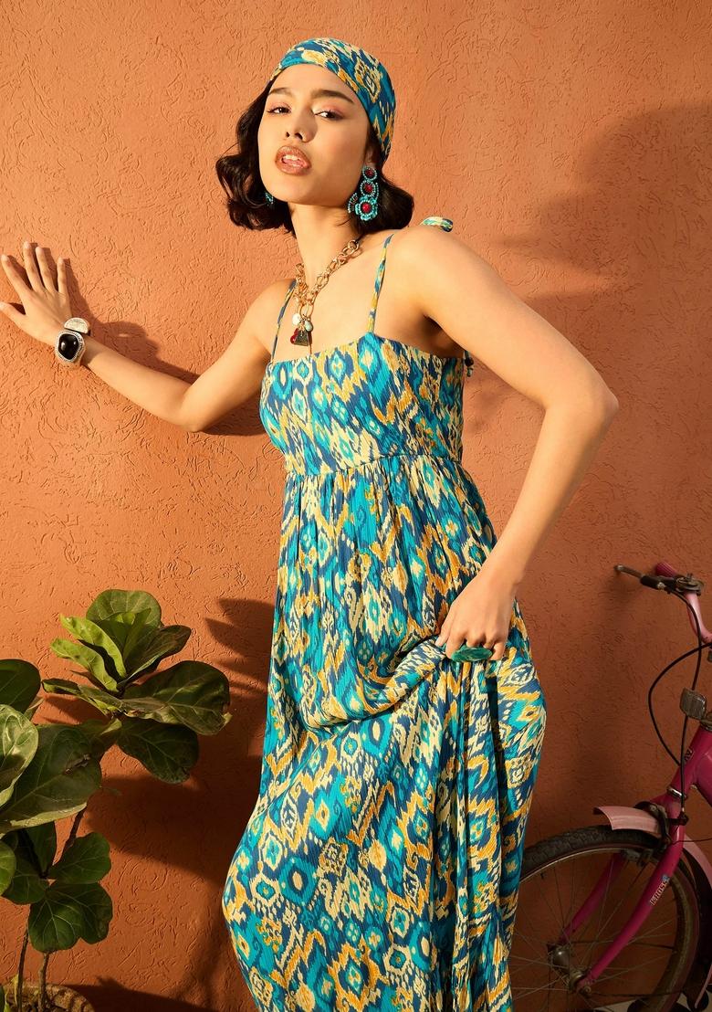 Blue Printed Rayon Dresses