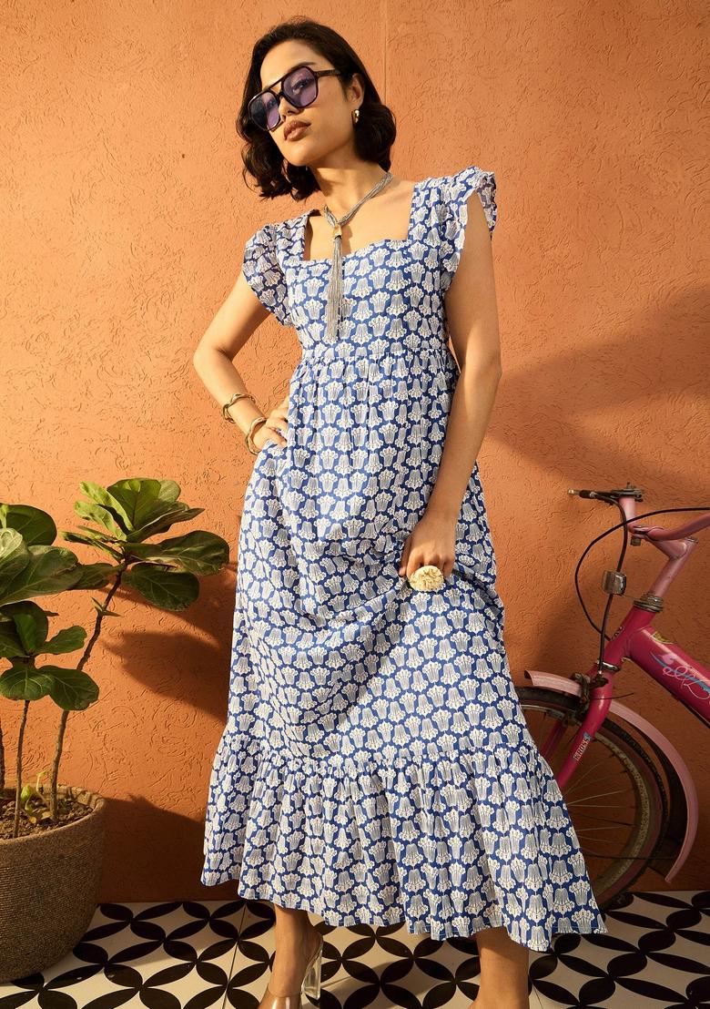 Blue Printed Cotton Cambric Dresses