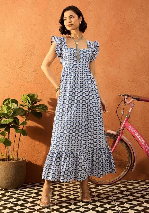Blue Printed Cotton Cambric Dresses