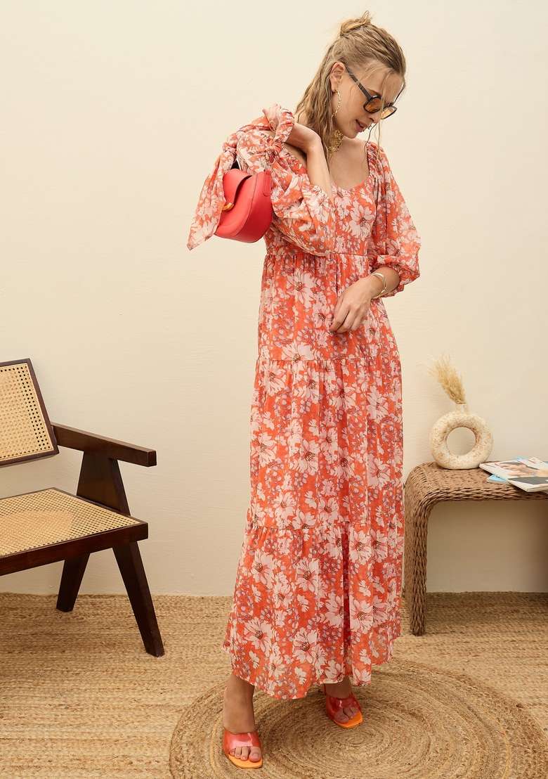 Red Embroidered Georgette Dresses - Indya