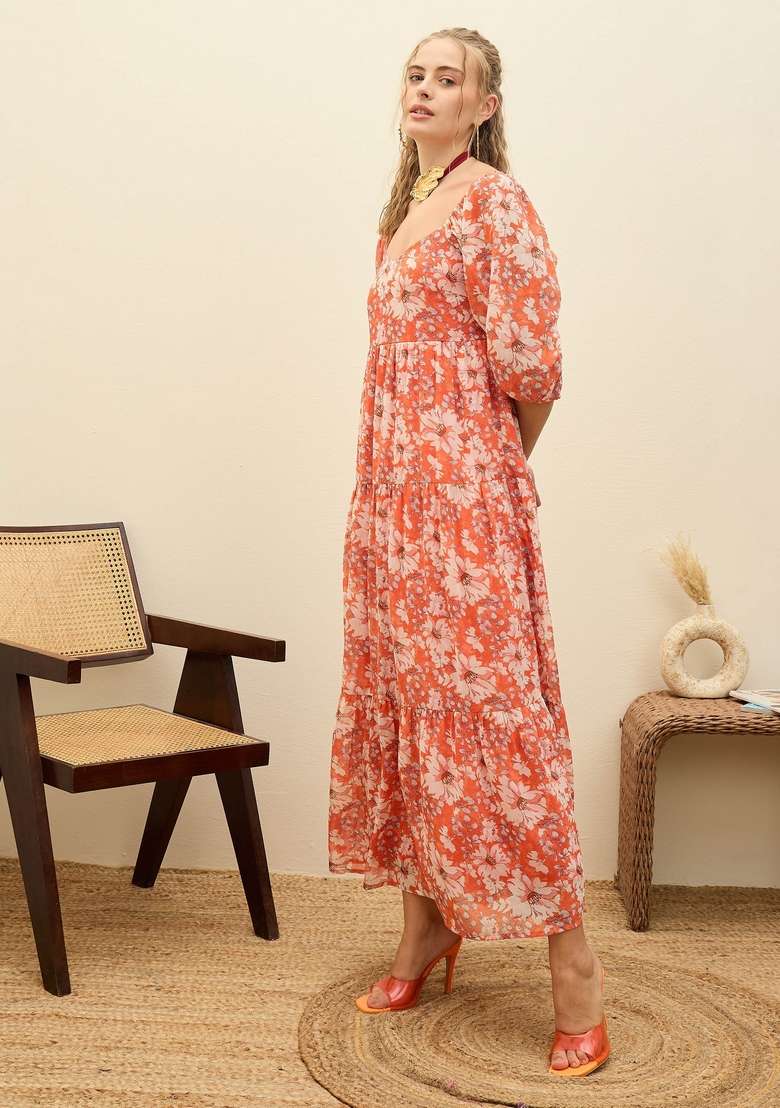 Red Embroidered Georgette Dresses - Indya