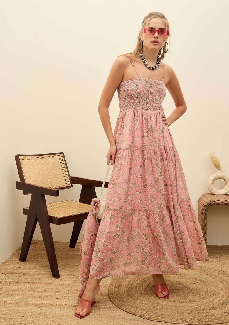 Pink Embroidered Georgette Dresses - Indya