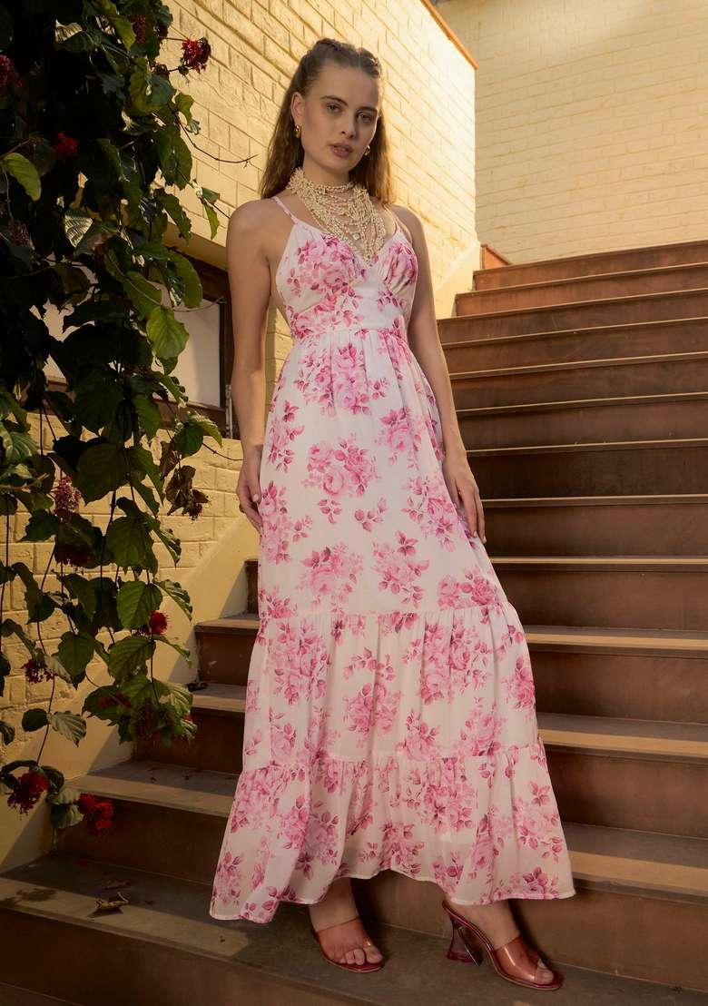 Pink Embroidered Georgette Dresses - Indya