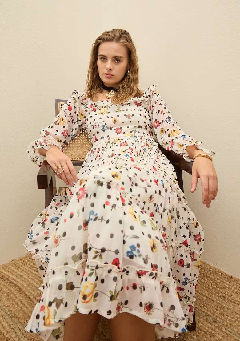 Off White Floral Print Blended Gown - Indya
