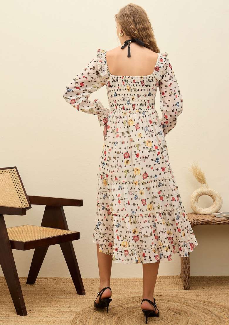 Off White Floral Print Blended Gown - Indya