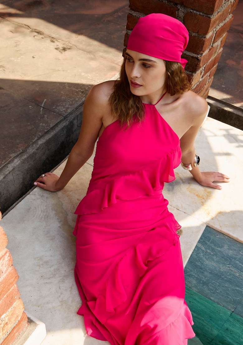 Fuchsia Pink Embroidered Georgette Dresses - Indya