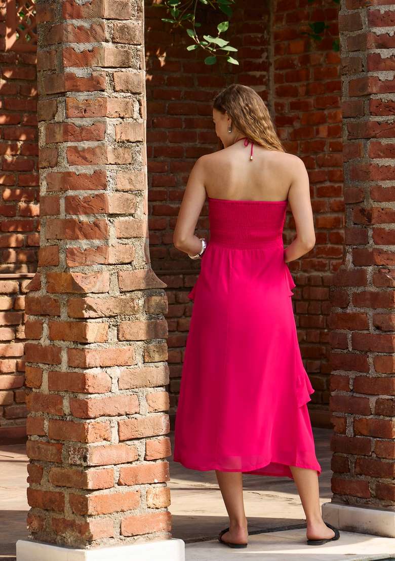 Fuchsia Pink Embroidered Georgette Dresses - Indya