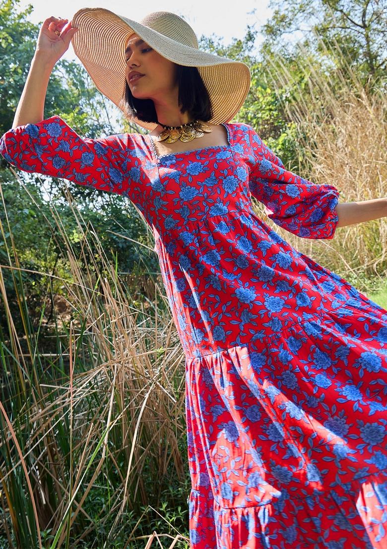 Red Embroidered Cotton Dresses